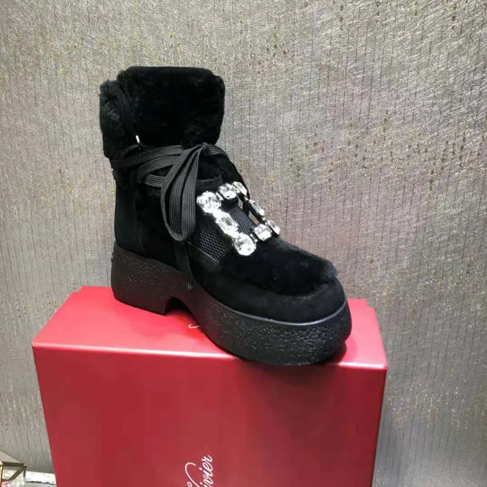 Roger Vivier Viv' Rangers Strass Buckle Flatform Booties in Suede for Women in Black Roger Vivier Viv' Rangers Strass Buckle Flatform Booties in Suede for Women in Black