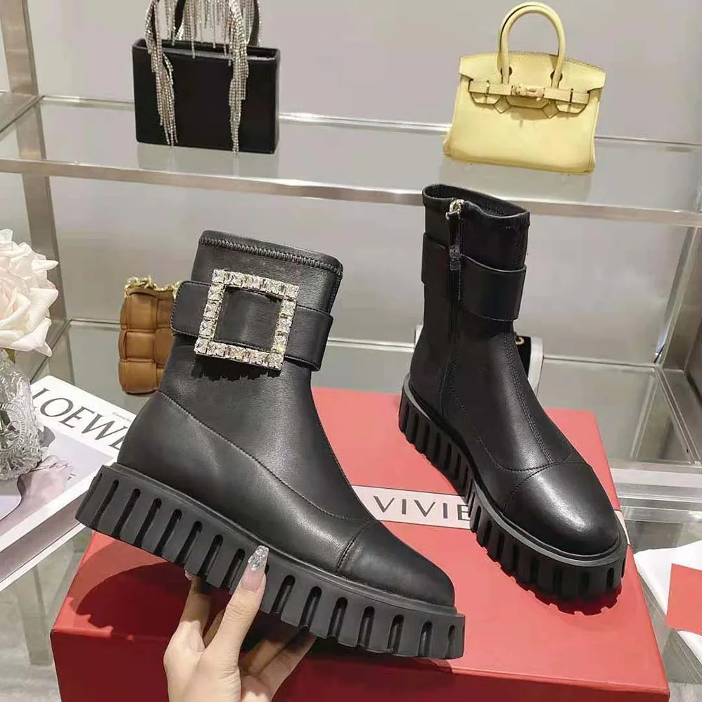 Roger Vivier Viv' Go-Thick Rhinestone Buckle Stretch Ankle Boots in Soft Leather for Women Roger Vivier Viv' Go-Thick Rhinestone Buckle Stretch Ankle Boots in Soft Leather for Women