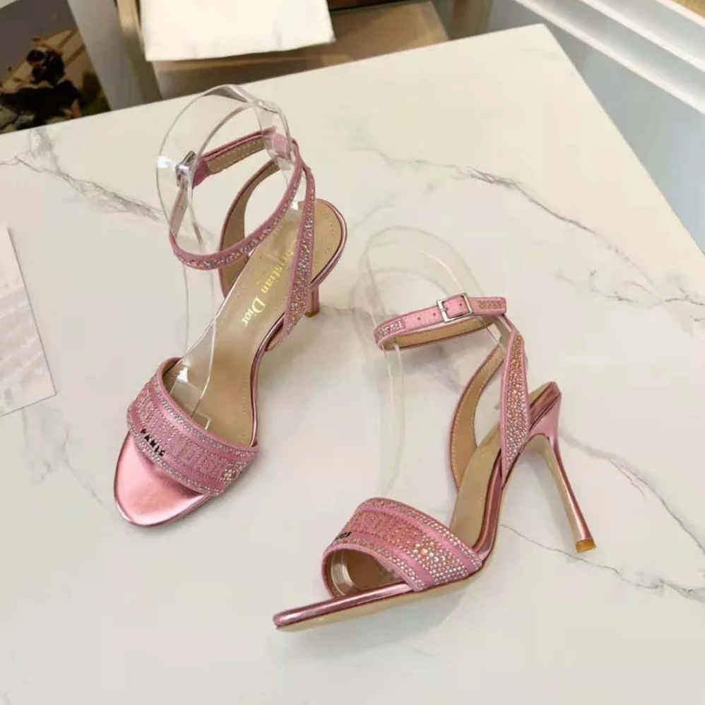 Dior Dway Heeled Slide Pink Cotton Embroidered with Metallic Thread and Strass for Women
