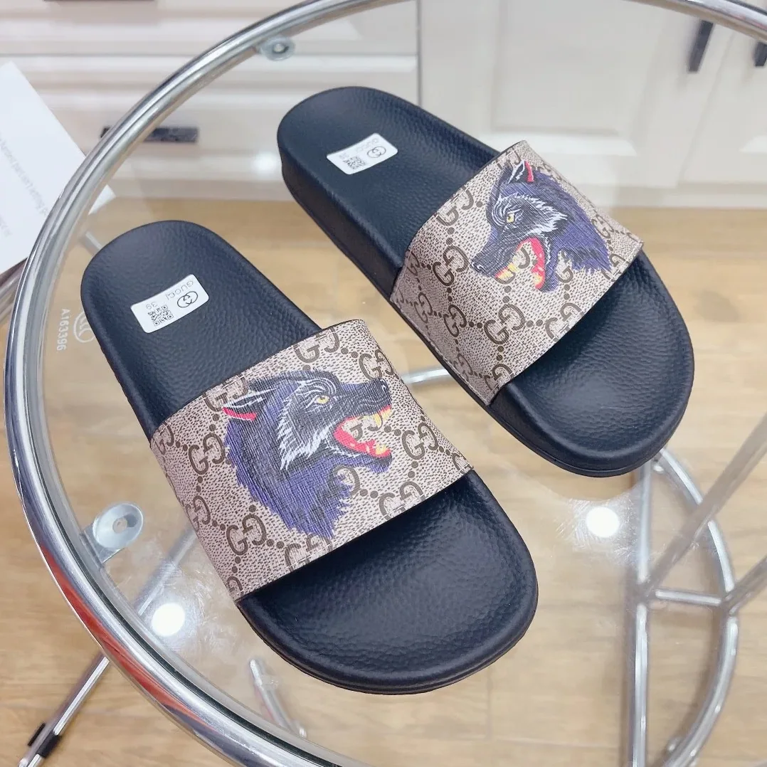 Gucci Gucci Supreme Slides With Wolf Black And Gray for Women Gucci Gucci Supreme Slides With Wolf Black And Gray for Women