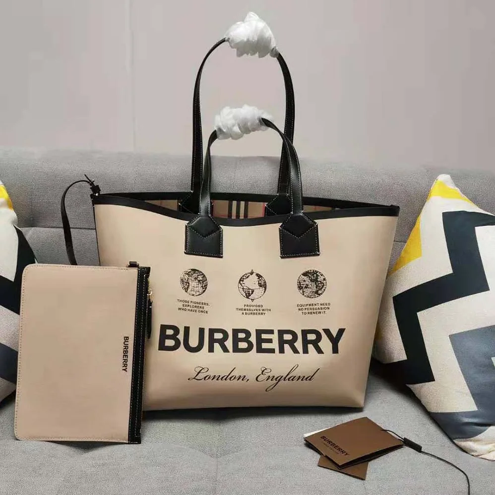 Burberry Label Print Cotton Medium London Tote Bag for Women