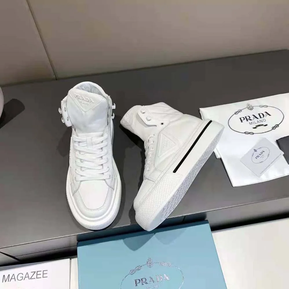 Prada Macro Re-Nylon and Brushed Leather High-top Sneakers for Women in White