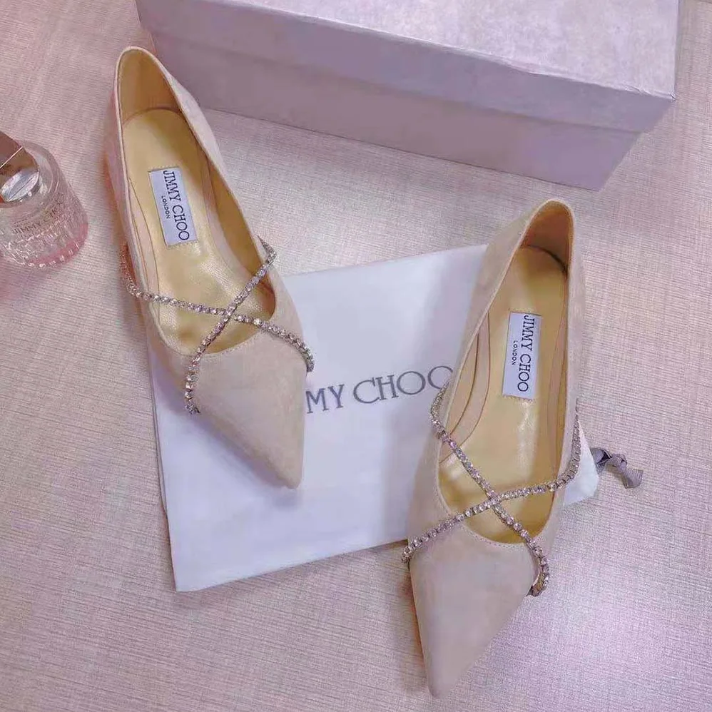 Jimmy Choo Genevi Flat Ballet Pink Pointed-Toe Flats with Crystal Chain for Women
