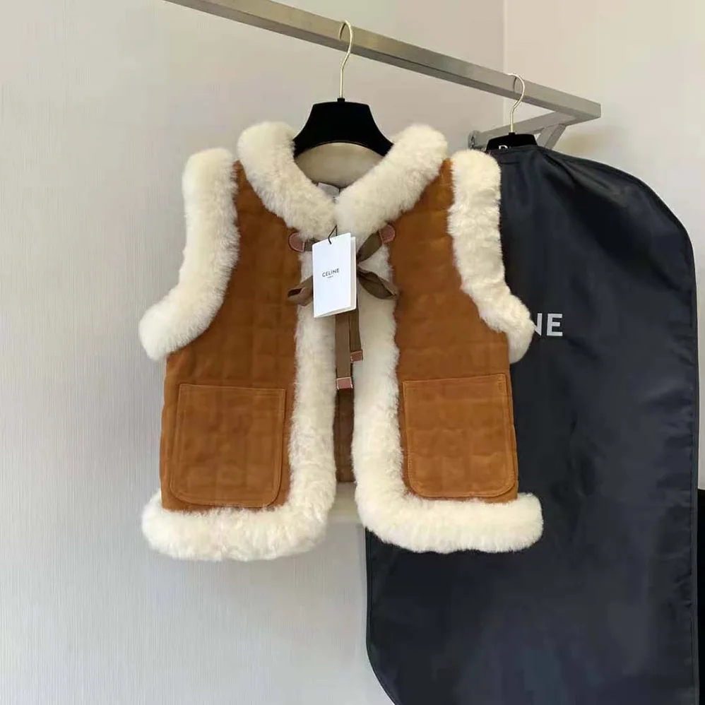 Celine Quilted Vest in Split Leather for Women in Brown