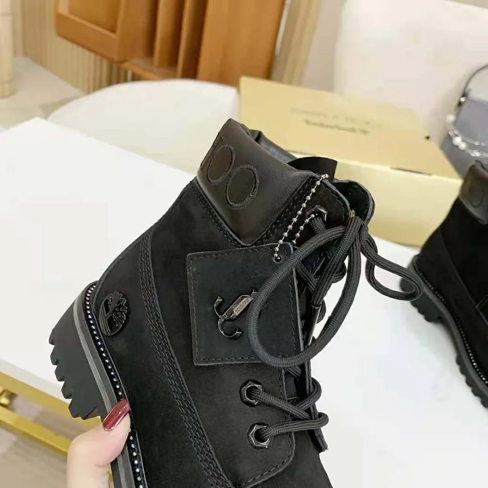 Jimmy Choo JC X Timberland/M Black Nubuck Leather Boots with Gunmetal Glitter for Women