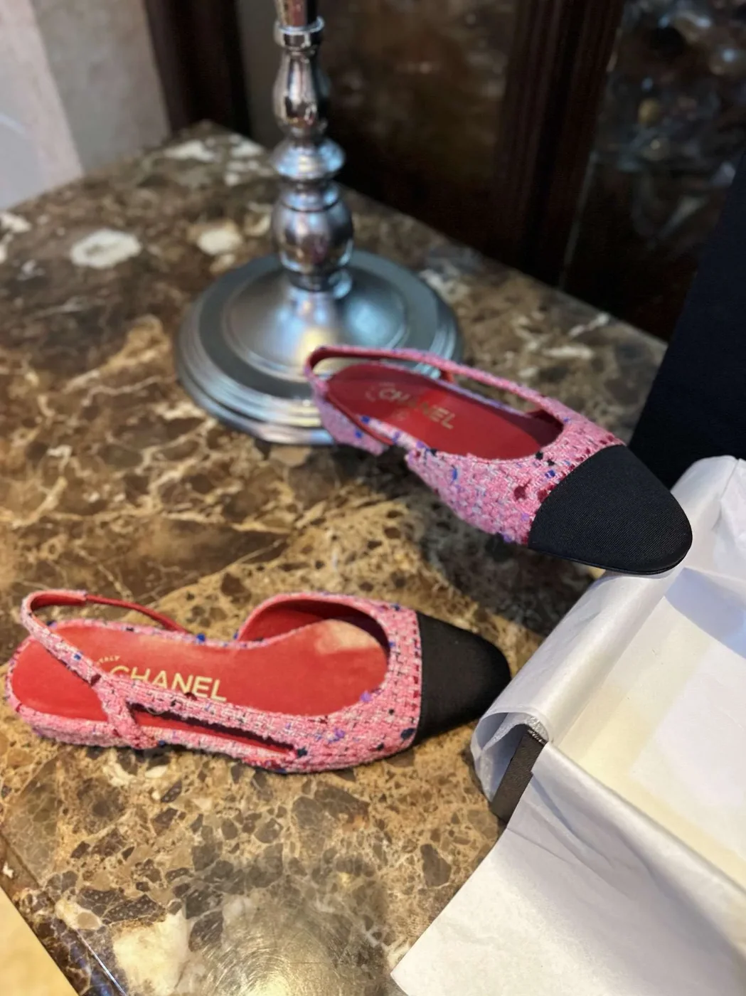 Chanel Woolen Lat Lace Up Sandals Dark Pink