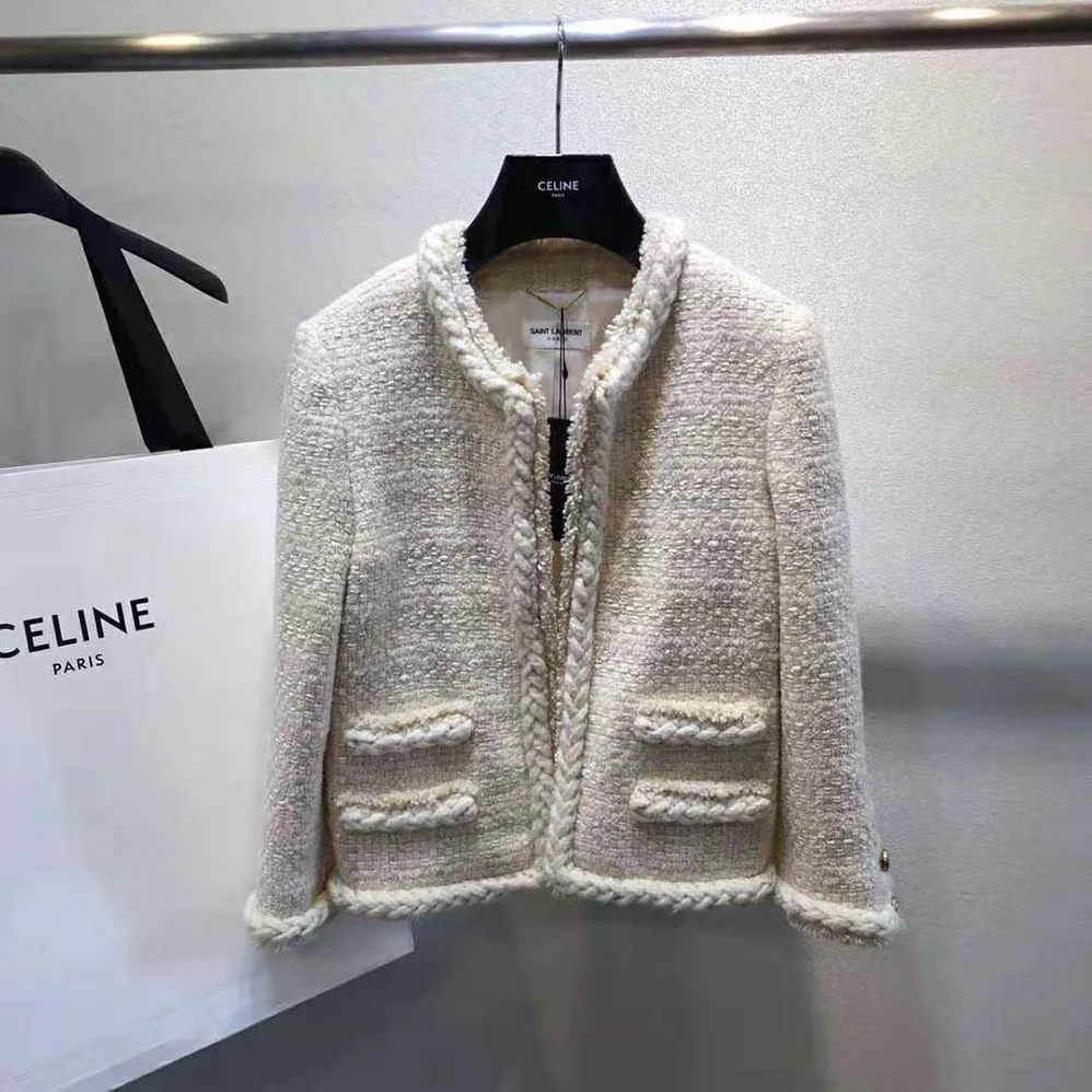 Saint Laurent YSL Short Jacket in Check Wool and Silk Tweed for Women Saint Laurent YSL Short Jacket in Check Wool and Silk Tweed for Women
