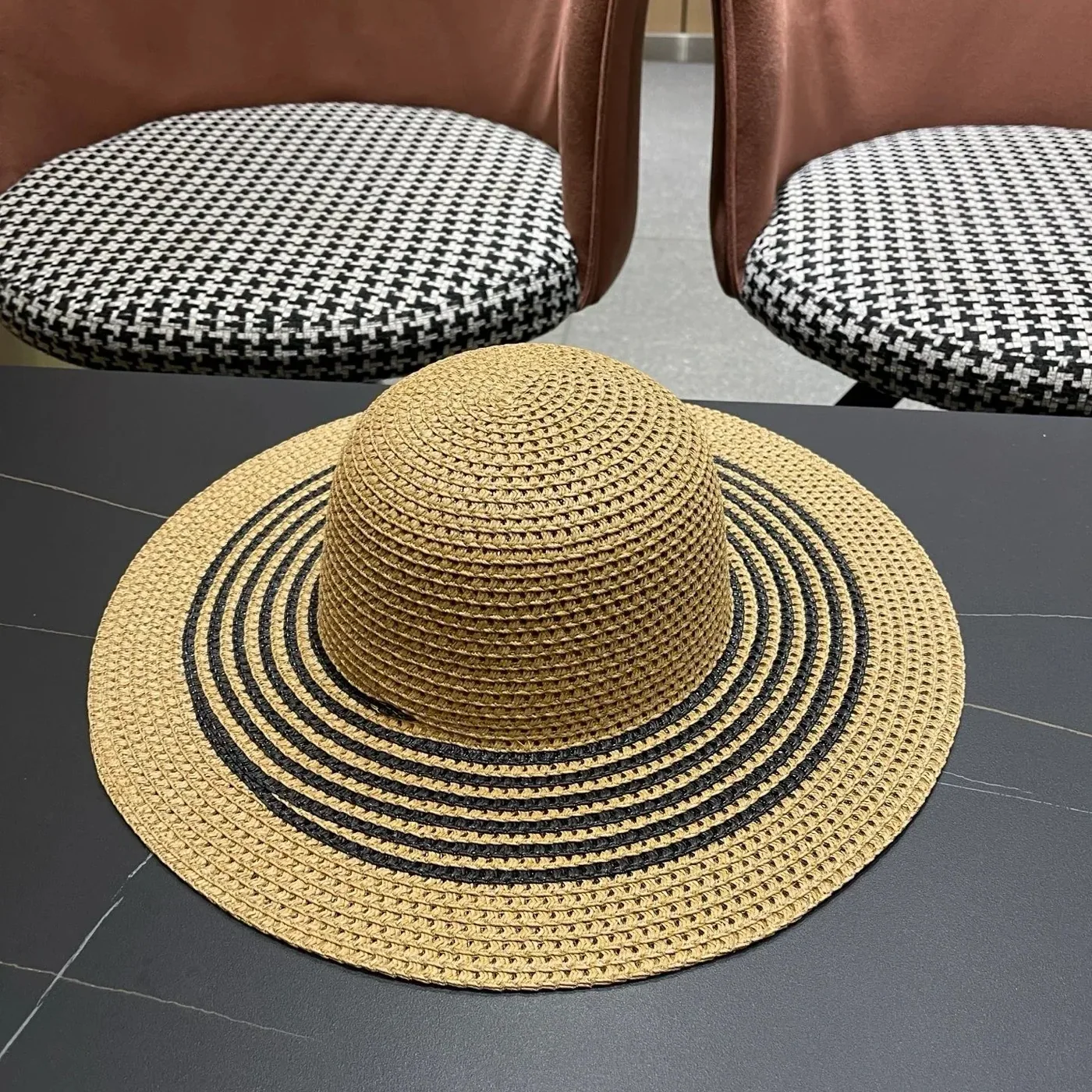 Chanel Monochrome Striped Sun Hat Dark Beige Straw Chanel Monochrome Striped Sun Hat Dark Beige Straw