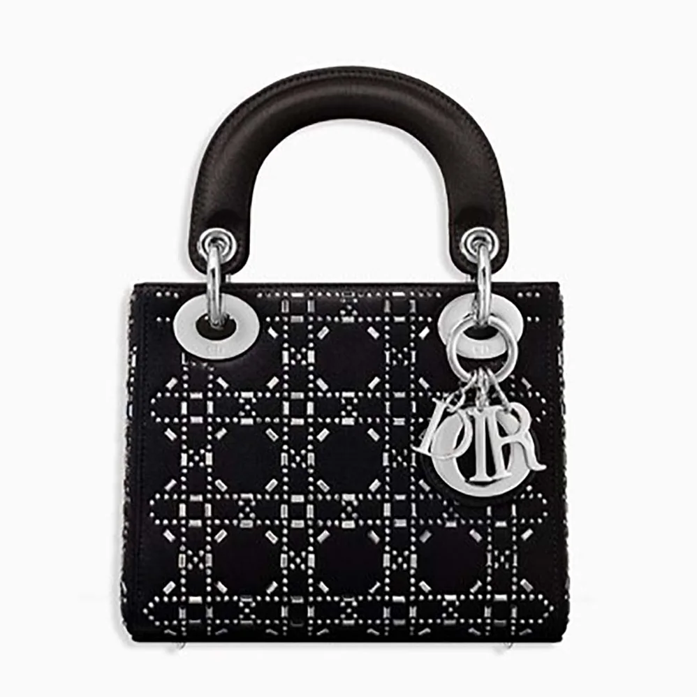 Dior Mini Lady Dior Bag in Black Cannage Satin with Rhinestones Dior Mini Lady Dior Bag in Black Cannage Satin with Rhinestones
