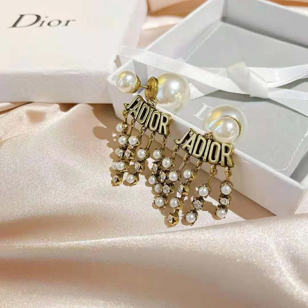 Dior Tribales Earrings Antique Gold-Finish Metal with White Resin Pearls for Women Dior Tribales Earrings Antique Gold-Finish Metal with White Resin Pearls for Women