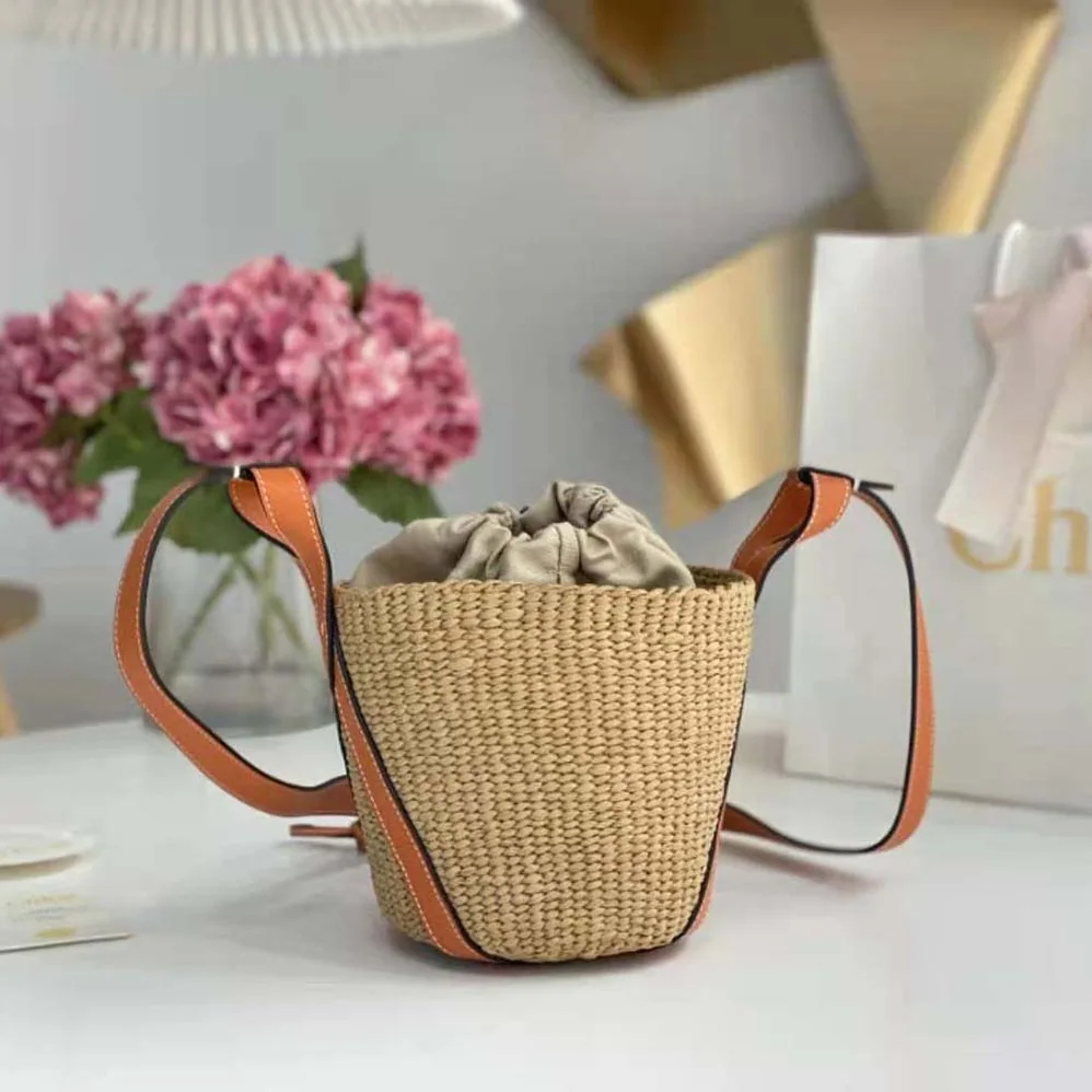 Chloe Small Basket in Fair-Trade Paper and Shiny Calfskin for Women in Orange