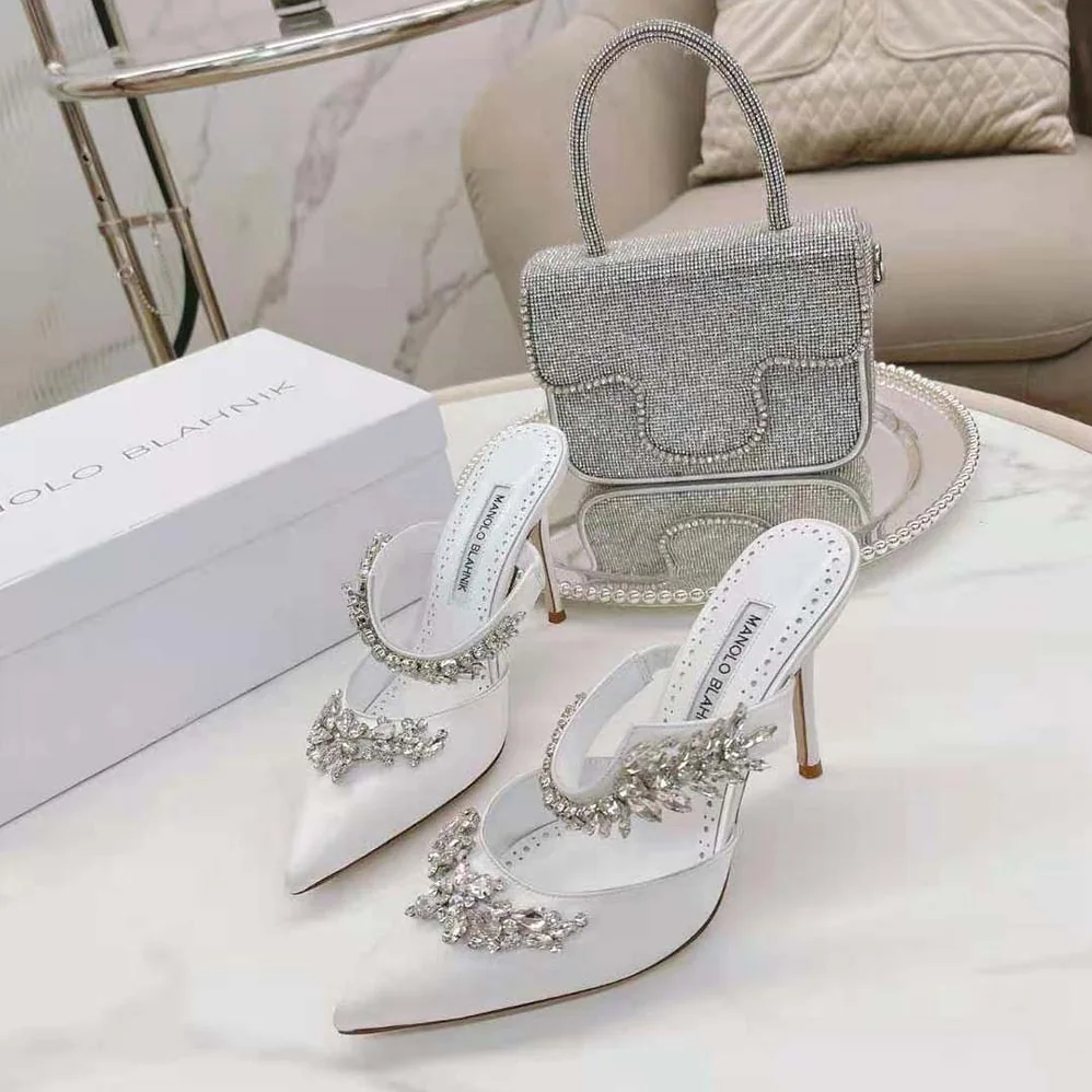 Manolo Blahnik White Satin Crystal Embellished Mules for Women