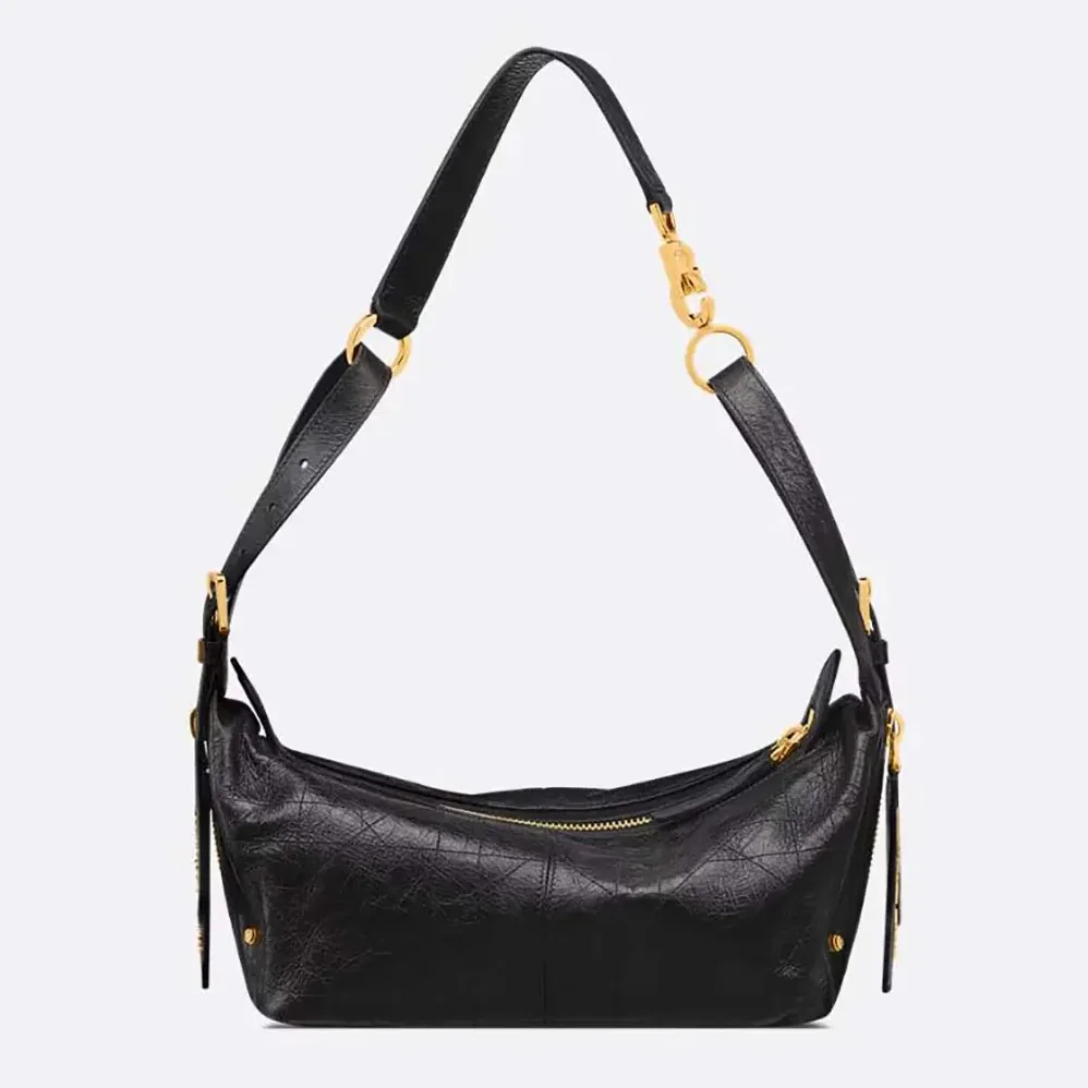 Dior Small D-Journey Bag in Crinkled Calfskin Black Flat Macrocannage for Women