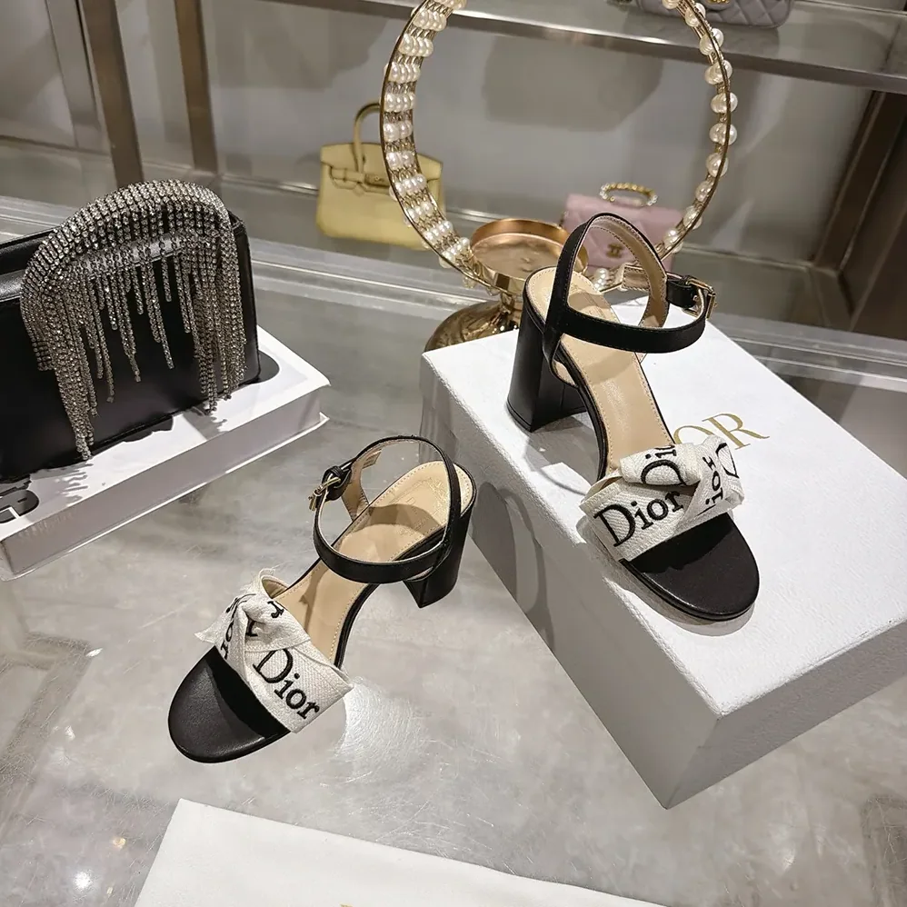 Dior J'Adior Heeled Sandal Embroidered Cotton and Black Lambskin for Women Dior J'Adior Heeled Sandal Embroidered Cotton and Black Lambskin for Women