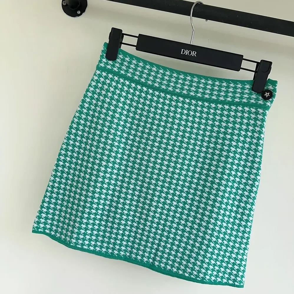 Dior Dioriviera Flared Miniskirt White and Aquamarina Houndstooth Technical Knit for Women
