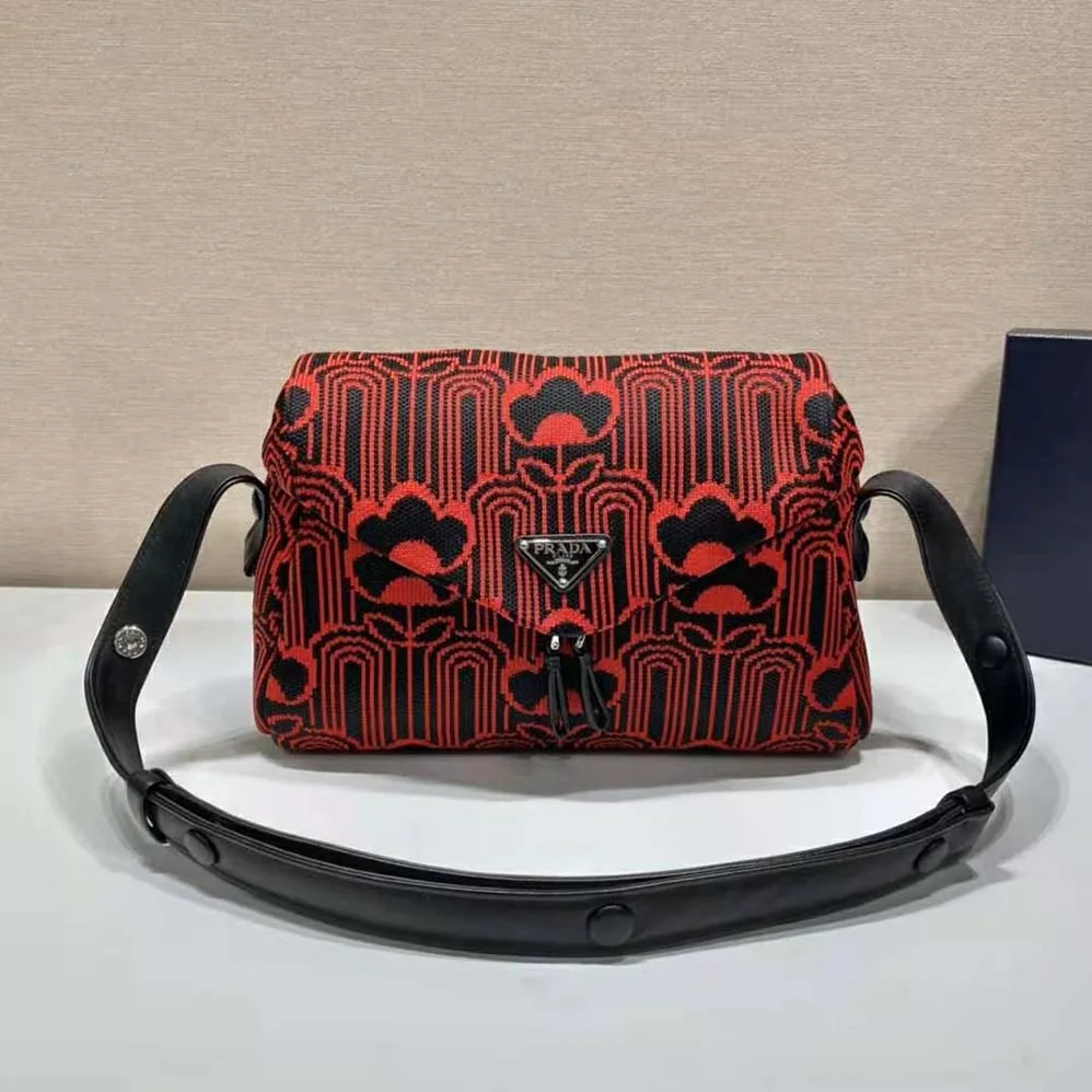 Prada Jacquard Knit and Leather Prada Signaux Bag for Women in Red Prada Jacquard Knit and Leather Prada Signaux Bag for Women in Red