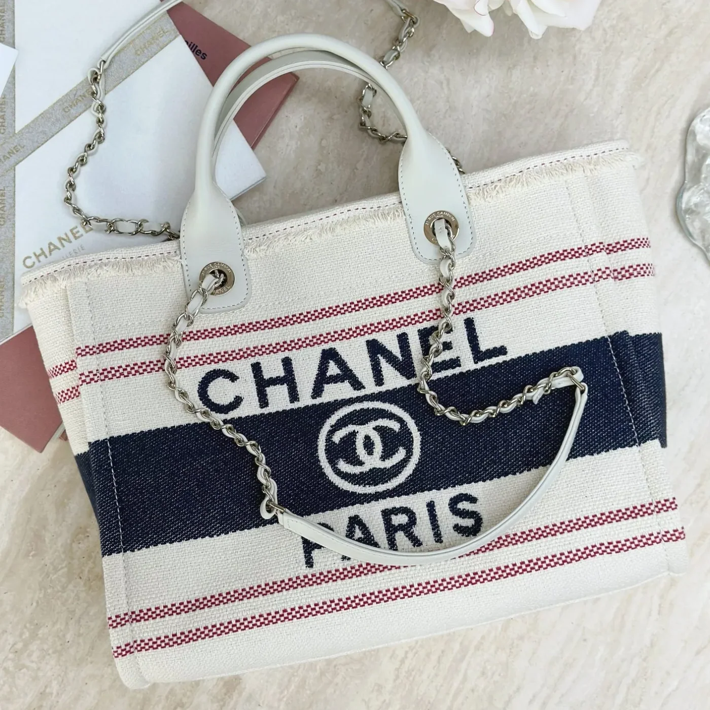 Chanel Deauville Large Tote Bag in Beige Gold Hardware