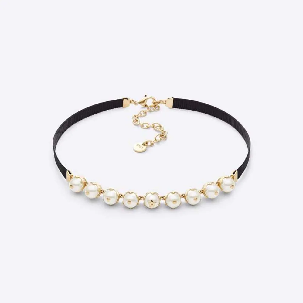 Dior D-Renaissance Choker Gold-Finish Metal with Black Grosgrain and White Resin Pearls for Women Dior D-Renaissance Choker Gold-Finish Metal with Black Grosgrain and White Resin Pearls for Women