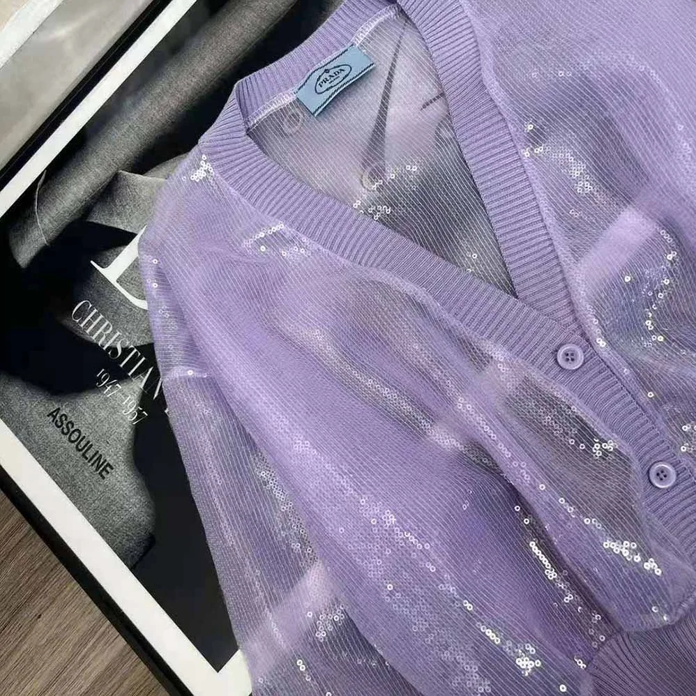 Prada Sequin-Embroidered Tulle Crop Top for Women in Purple Prada Sequin-Embroidered Tulle Crop Top for Women in Purple