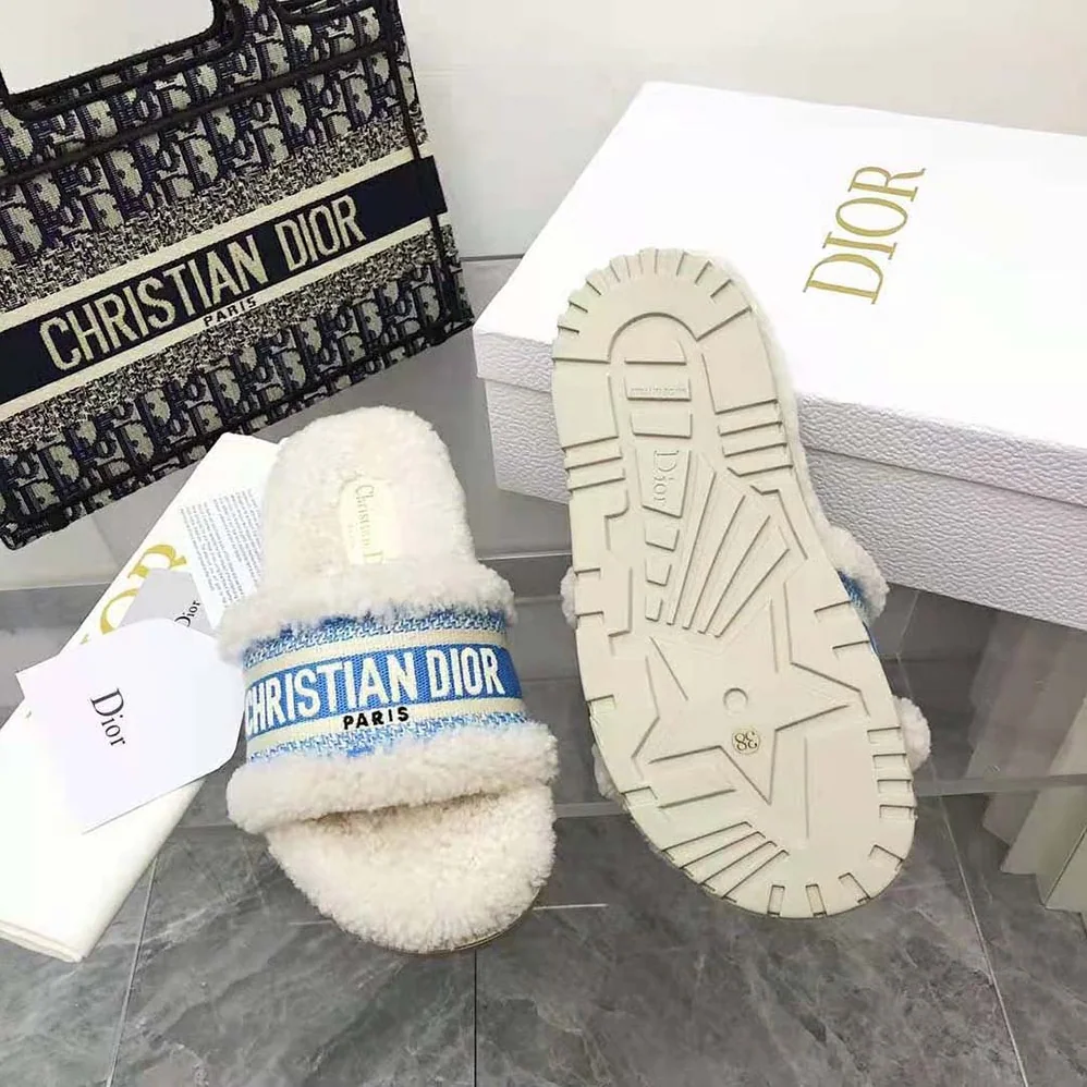 Dior Dway Slide Cornflower Blue Embroidered Cotton and White Shearling for Women