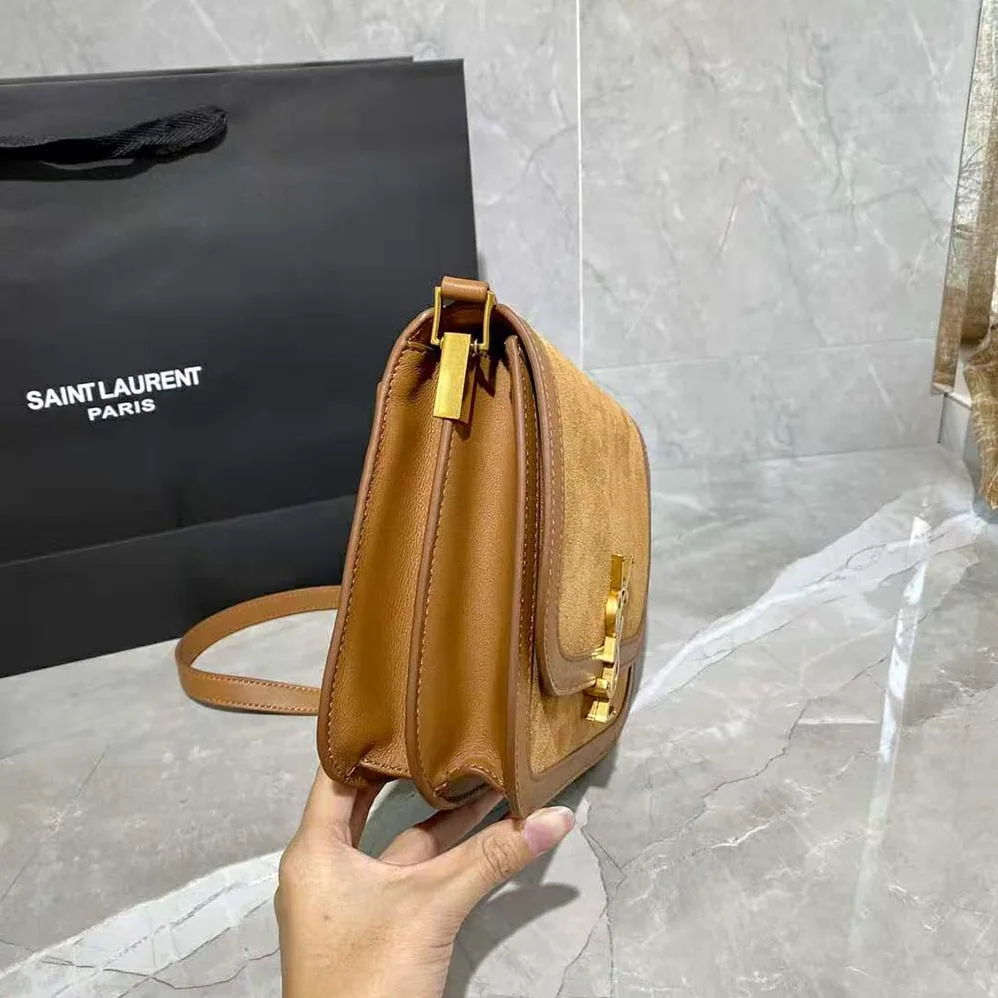 Saint Laurent YSL Solferino Medium Soft Satchel in Bsuede and Smooth Leather for Women in Brown