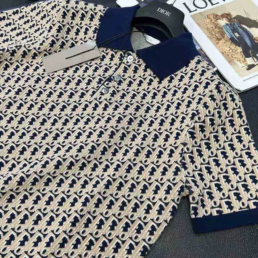 Dior Oblique Polo Shirt Blue Cotton Jacquard for Men