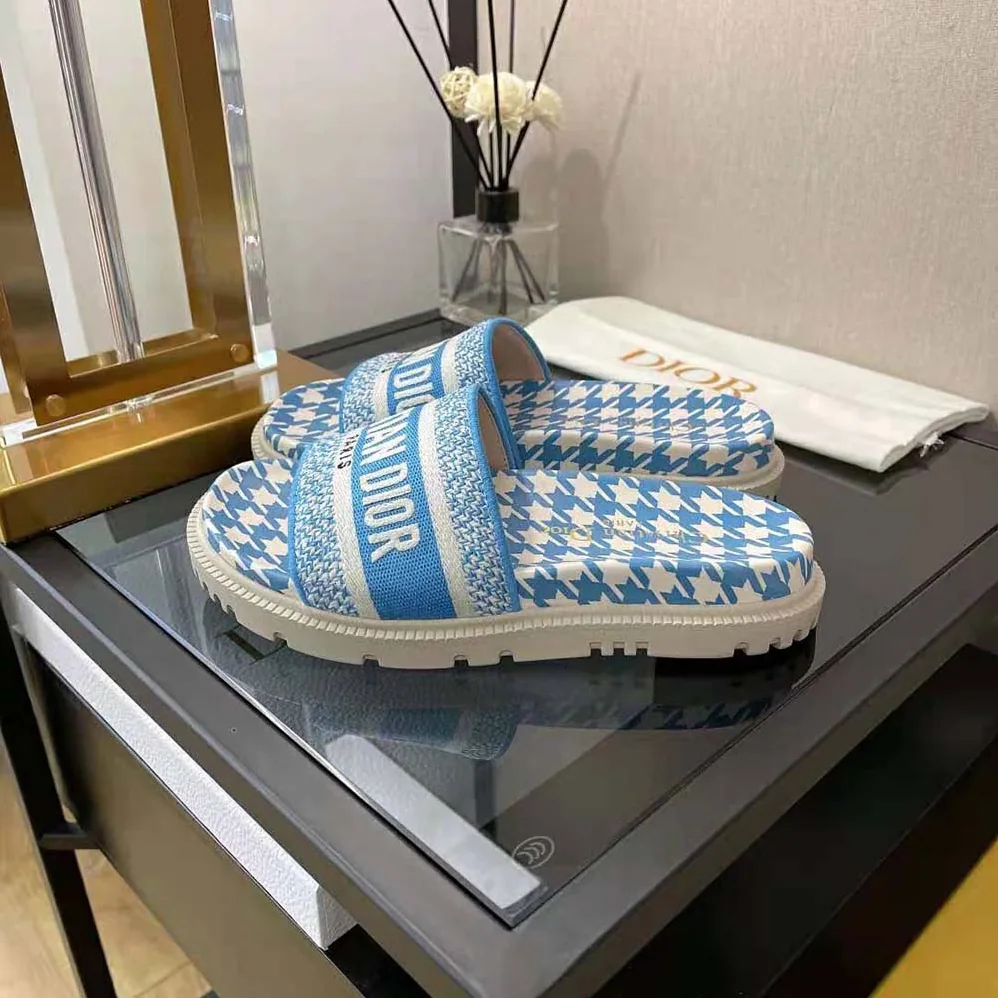 Dior Dway Slide Cornflower Blue Embroidered Cotton with Micro Houndstooth Motif for Women