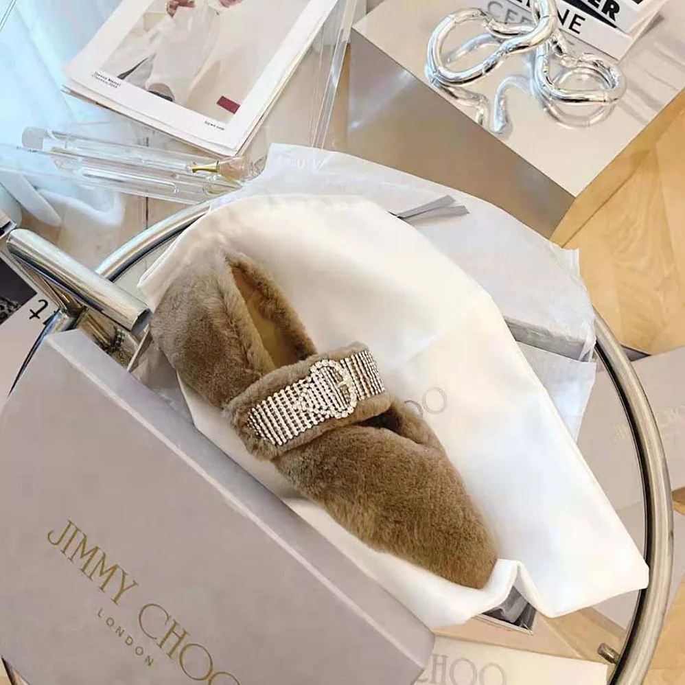 Jimmy Choo Krista Flat Latte Faux Fur Flats with Crystal for Women in Embellished Strap Jimmy Choo Krista Flat Latte Faux Fur Flats with Crystal for Women in Embellished Strap