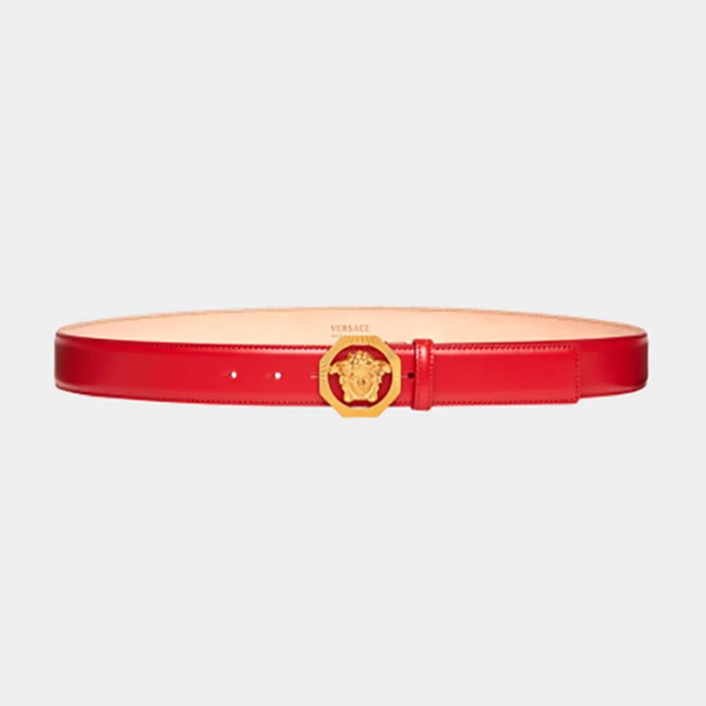Versace Octagonal Medusa Leather Belt for Men in Red Versace Octagonal Medusa Leather Belt for Men in Red