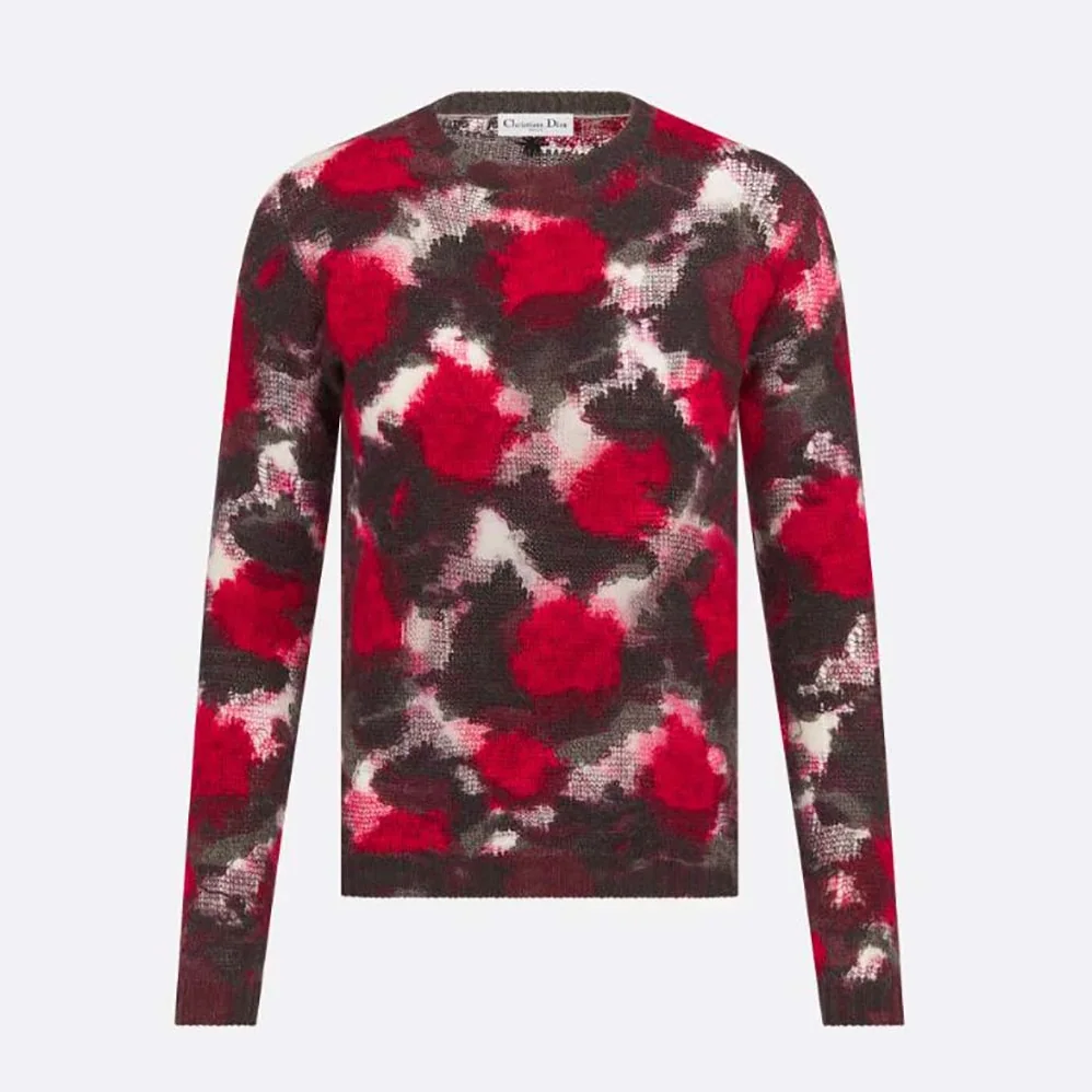 Dior Sweater Red Multicolor Technical Cashmere Mohair and Wool Knit with Dior Roses Motif for Men Dior Sweater Red Multicolor Technical Cashmere Mohair and Wool Knit with Dior Roses Motif for Men