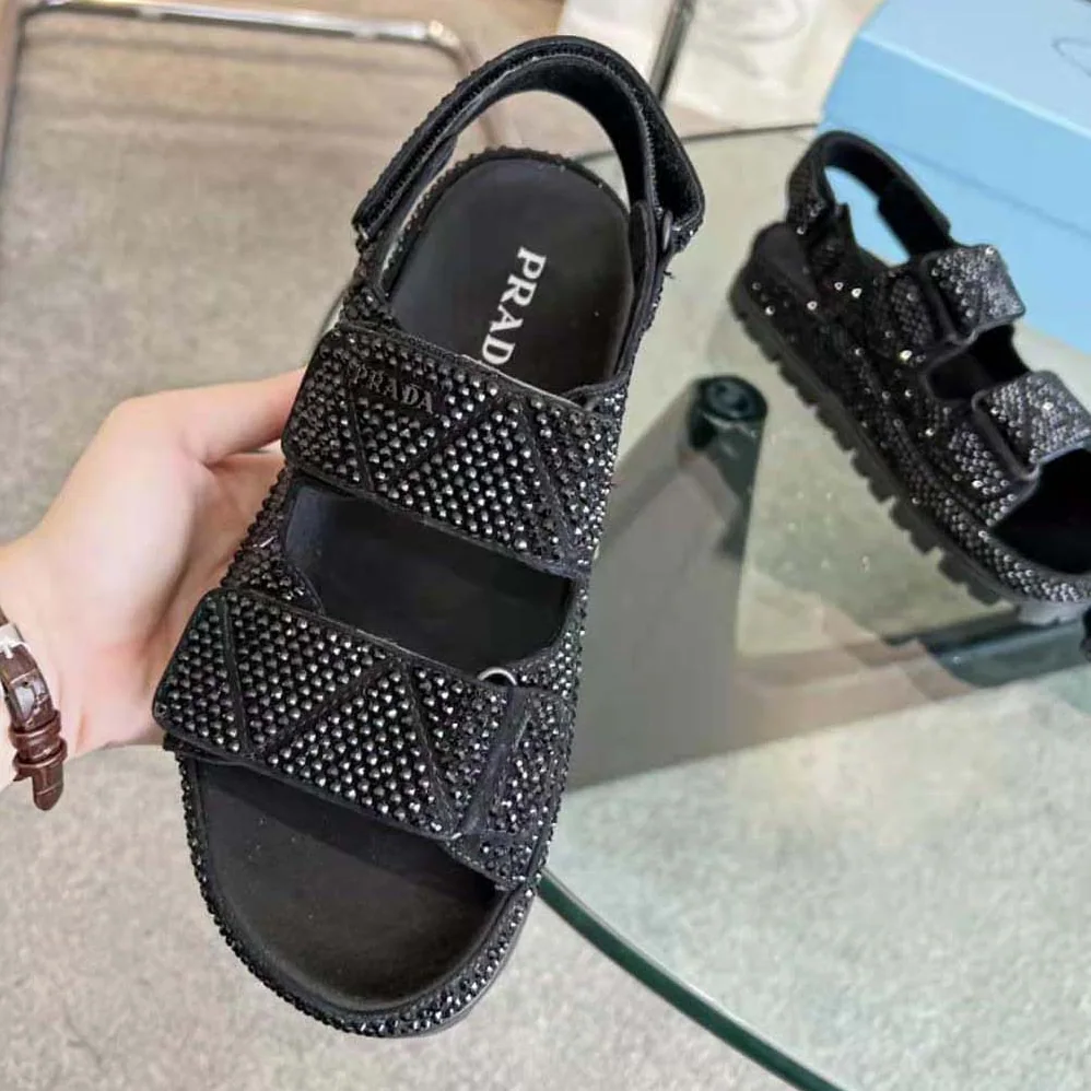 Prada Satin Sandals with Crystals for Women in Black Prada Satin Sandals with Crystals for Women in Black