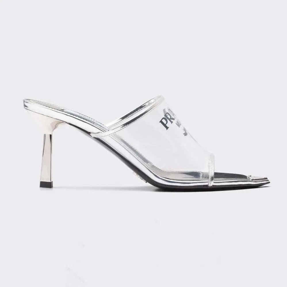 Prada Logo-print Plexiglas High-Heel Slides in 75mm Heel Height for Women Prada Logo-print Plexiglas High-Heel Slides in 75mm Heel Height for Women