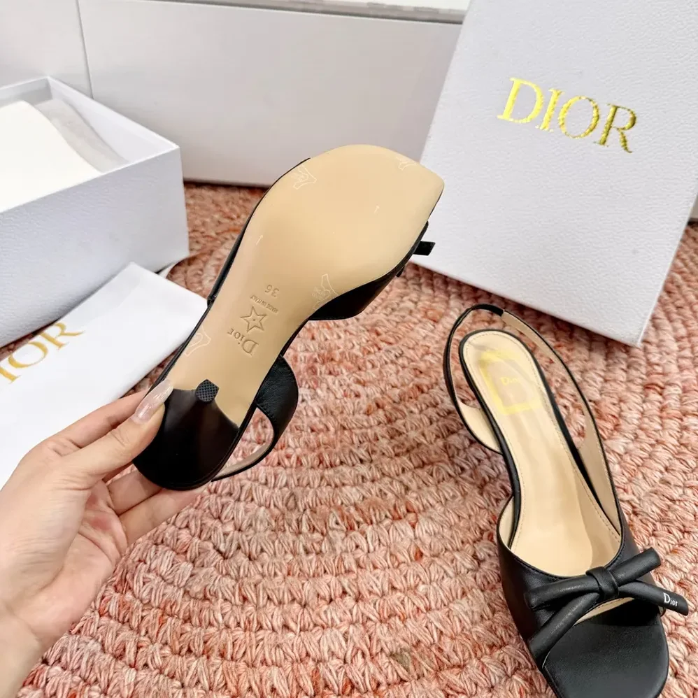 Dior Bow Heeled Slingback Sandal Black Lambskin for Women