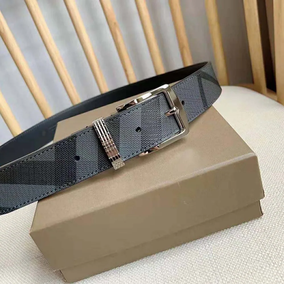 Burberry Check and Leather Belt for Men in Navy