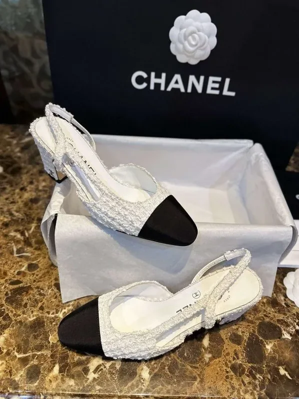 Chanel Sling Back Tweed Pumps White Chanel Sling Back Tweed Pumps White