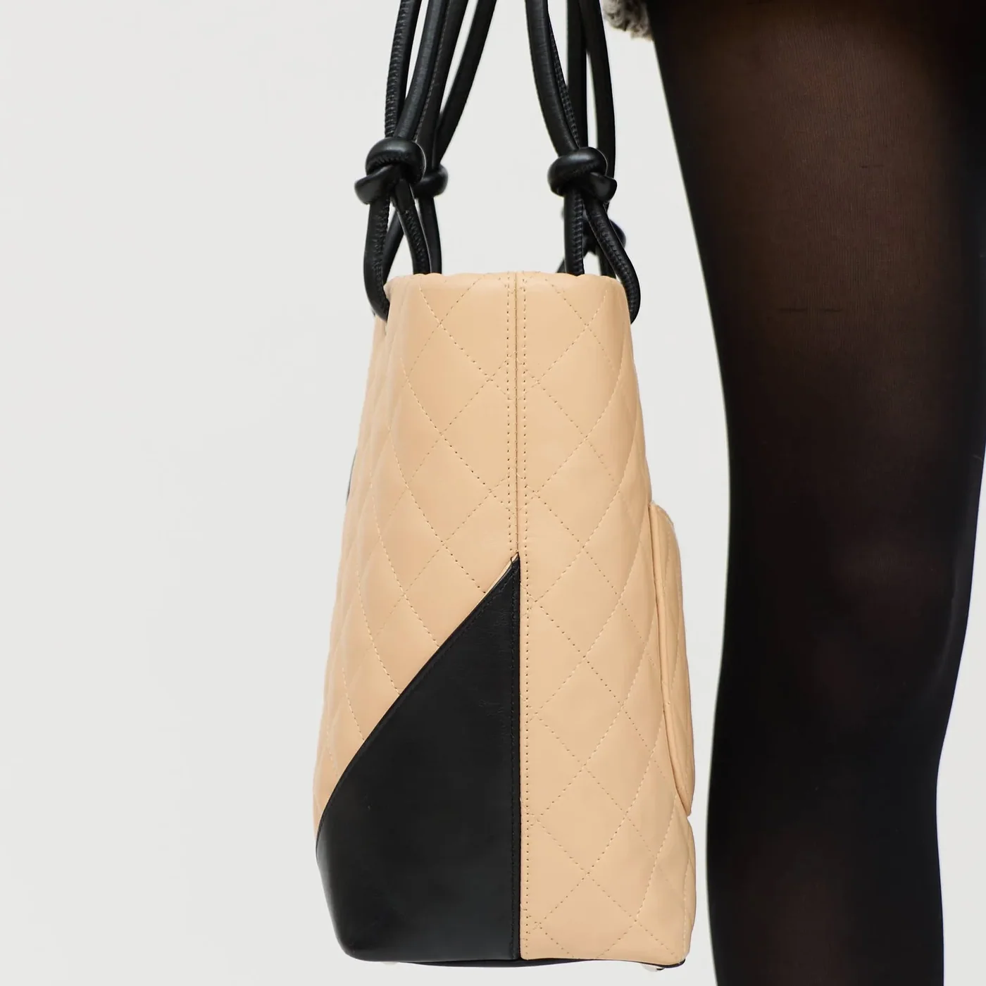 Chanel Cambon Ligne Medium Tote Bag in Beige/ Black Silver Hardware