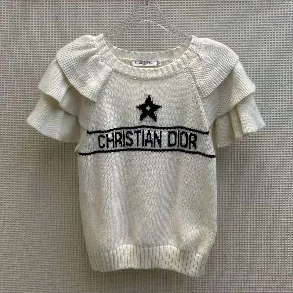 Dior Sweater with Ruffles White Cashmere Knit with Signature for Women