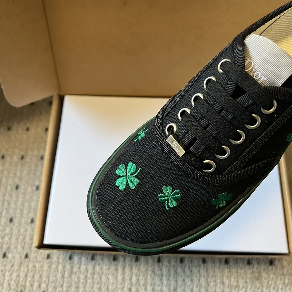 Dior Saltwind Sneaker Black Cotton Embroidered with Bright Green Dior Clover Motif for Unisex