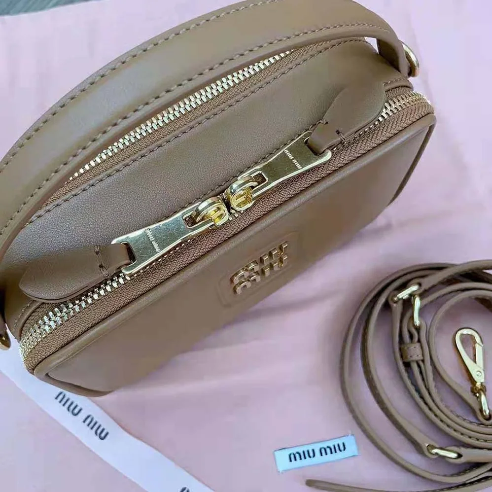 Miu Miu Arcadie Leather Bag with Metal Lettering Logo for Women in Brown Miu Miu Arcadie Leather Bag with Metal Lettering Logo for Women in Brown