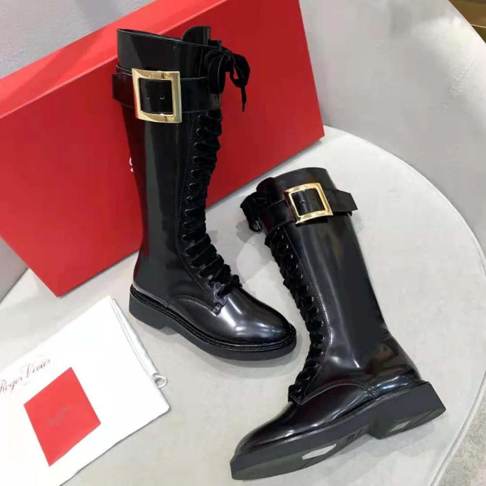 Roger Vivier Rangers Lace Up Metal Buckle Boots in Leather for Women
