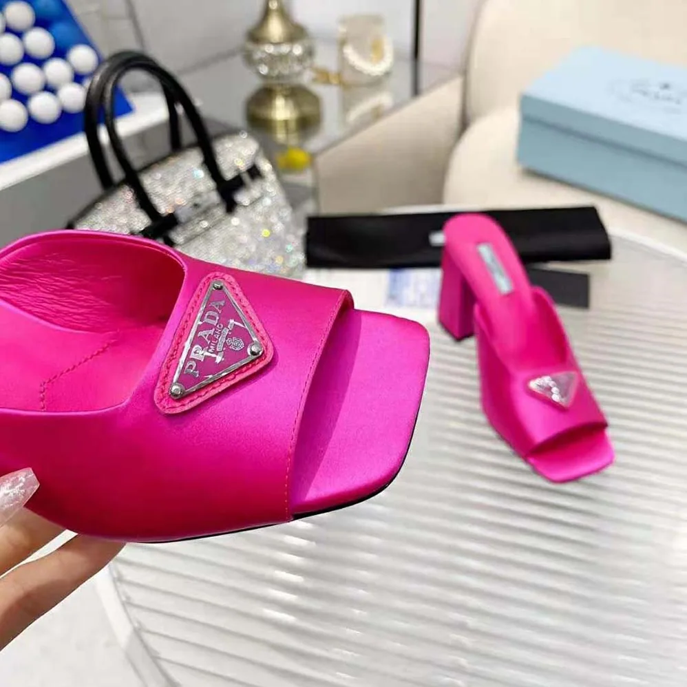 Prada High-Heeled Satin Slides for Women in Rose