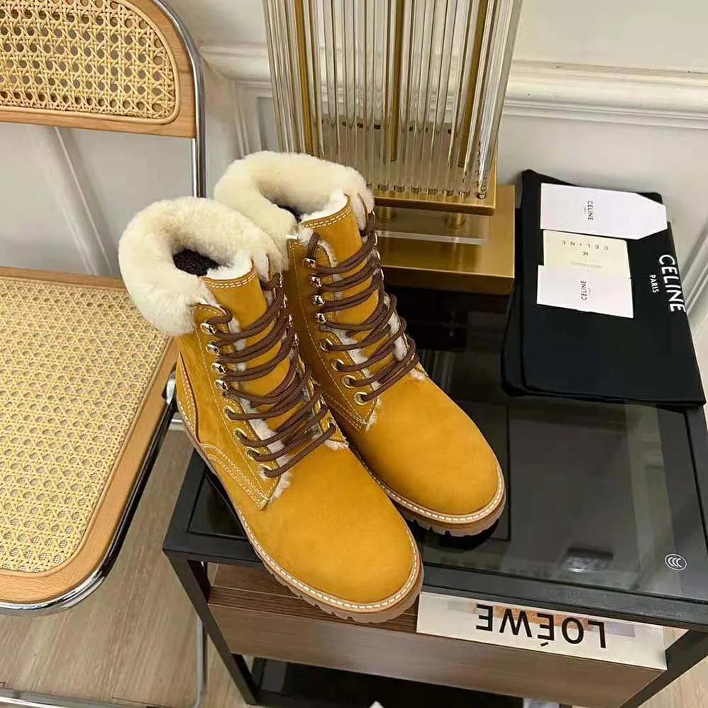 Celine Kurt Lace-up Mid Boot in Nubuck Calfskin and Shearling for Women