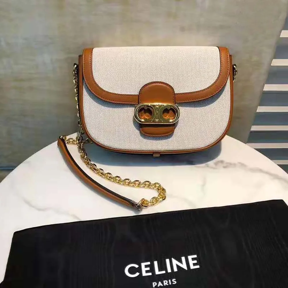 Celine Medium Chain Maillon Triomphe Bag in Textile and Calfskin for Women Celine Medium Chain Maillon Triomphe Bag in Textile and Calfskin for Women