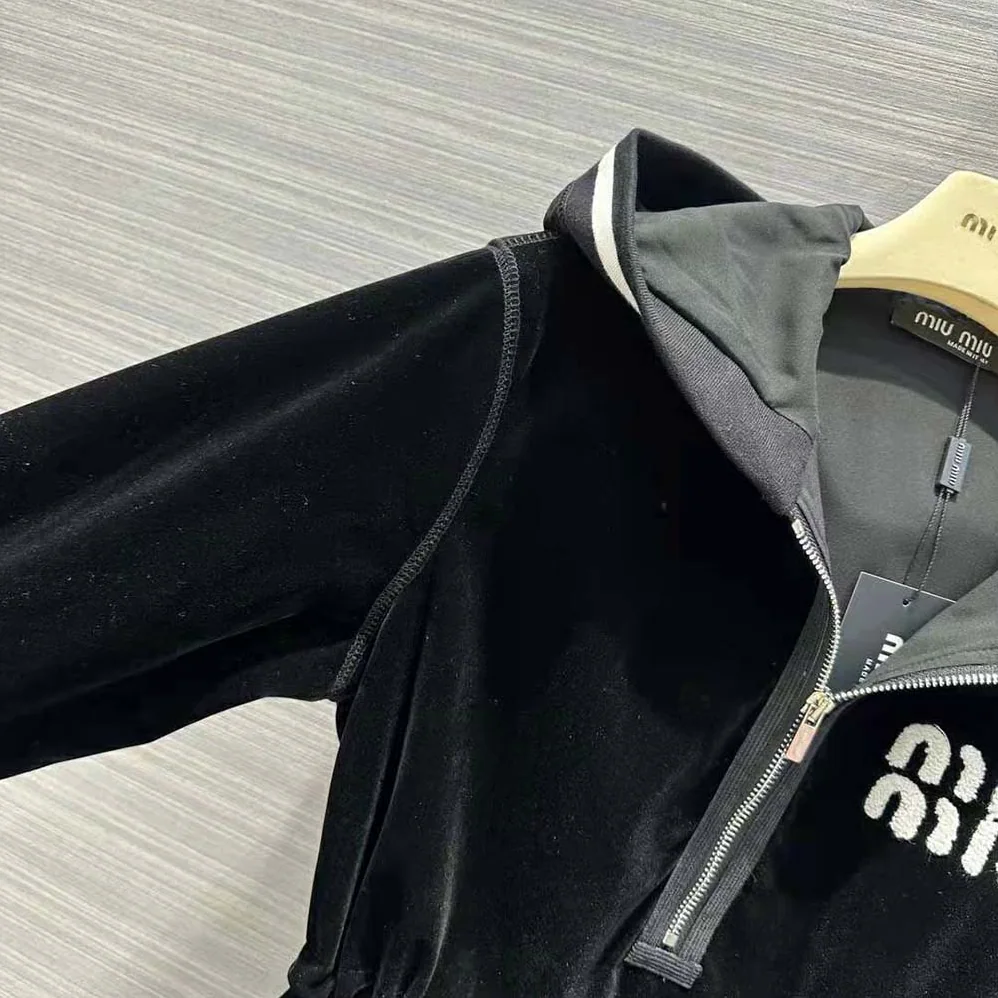 Miu Miu Velvet Short Dress with Signature Embroidered Logo for Women in Black Miu Miu Velvet Short Dress with Signature Embroidered Logo for Women in Black