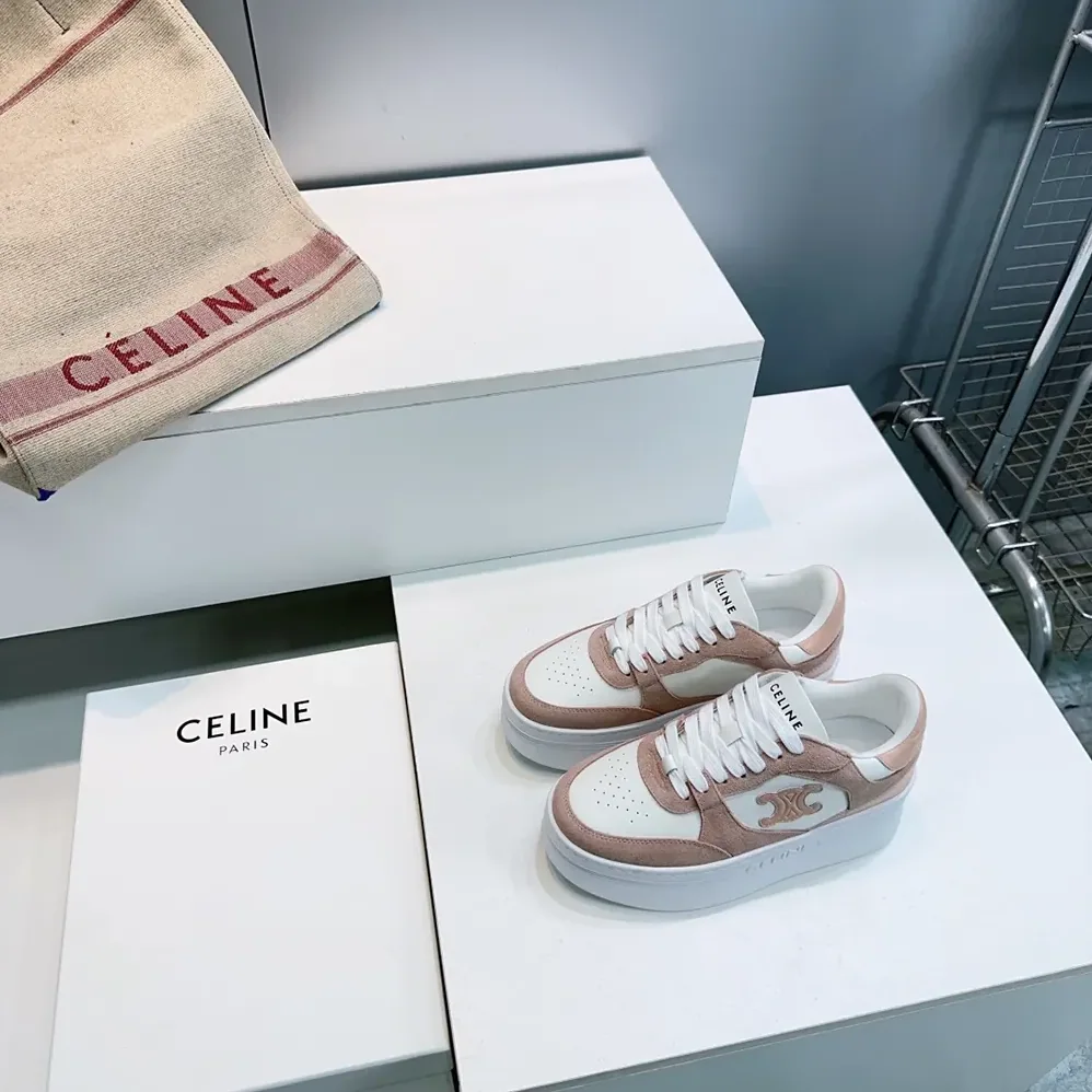 Celine Block Wedge Sneaker With Triomphe Patch In Calfskin And Suede Calfskin for Women in Pink