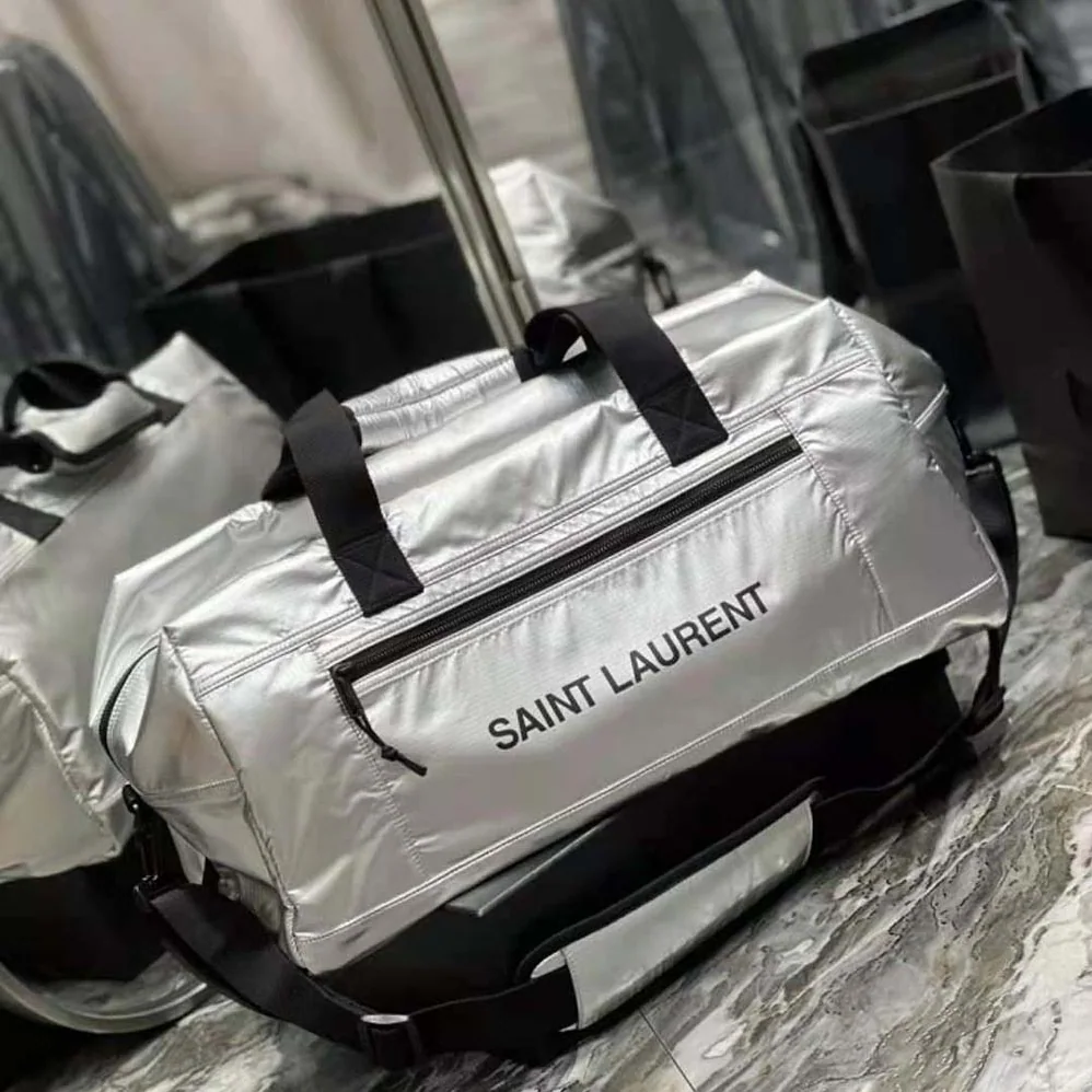 Saint Laurent YSL Nuxx Duffle in Metallized Nylon for Men in Silver Saint Laurent YSL Nuxx Duffle in Metallized Nylon for Men in Silver