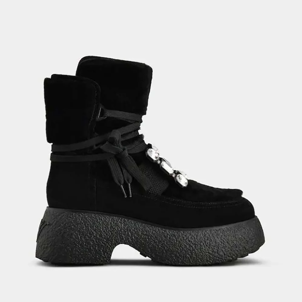 Roger Vivier Viv' Rangers Strass Buckle Flatform Booties in Suede for Women in Black Roger Vivier Viv' Rangers Strass Buckle Flatform Booties in Suede for Women in Black