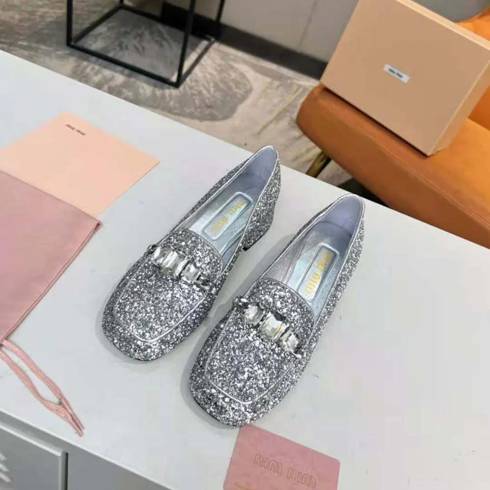 Miu Miu Glitter Fabric Loafers with Fabric Logo Label for Women Miu Miu Glitter Fabric Loafers with Fabric Logo Label for Women