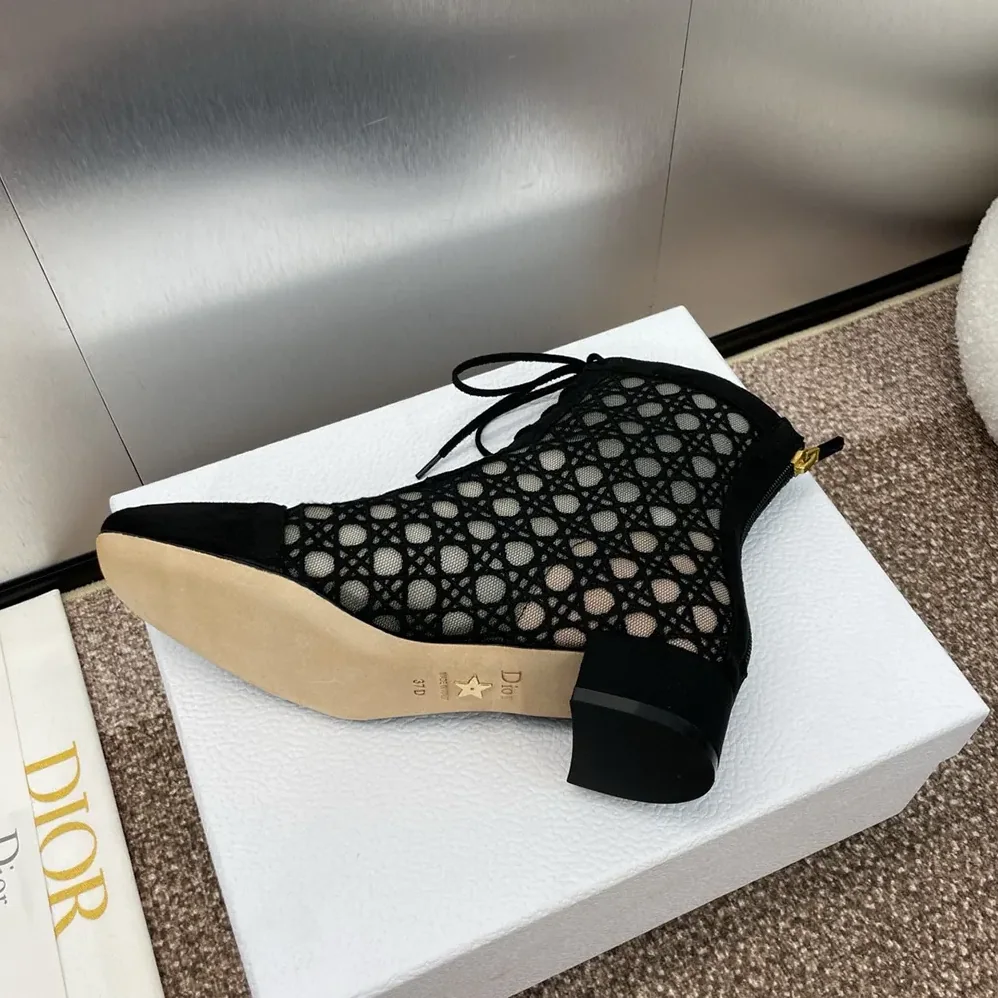 Dior Naughtily-D Heeled Ankle Boot Transparent Mesh Embroidered with Black Cannage Motif for Women Dior Naughtily-D Heeled Ankle Boot Transparent Mesh Embroidered with Black Cannage Motif for Women