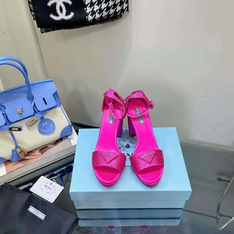 Prada Satin Platform Sandals with Crystals for Women in Pink